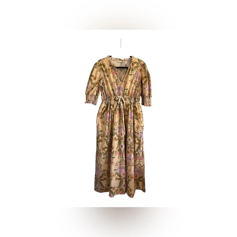 Spartina 449 Floral Tie-Waist Midi Dress in Beige
